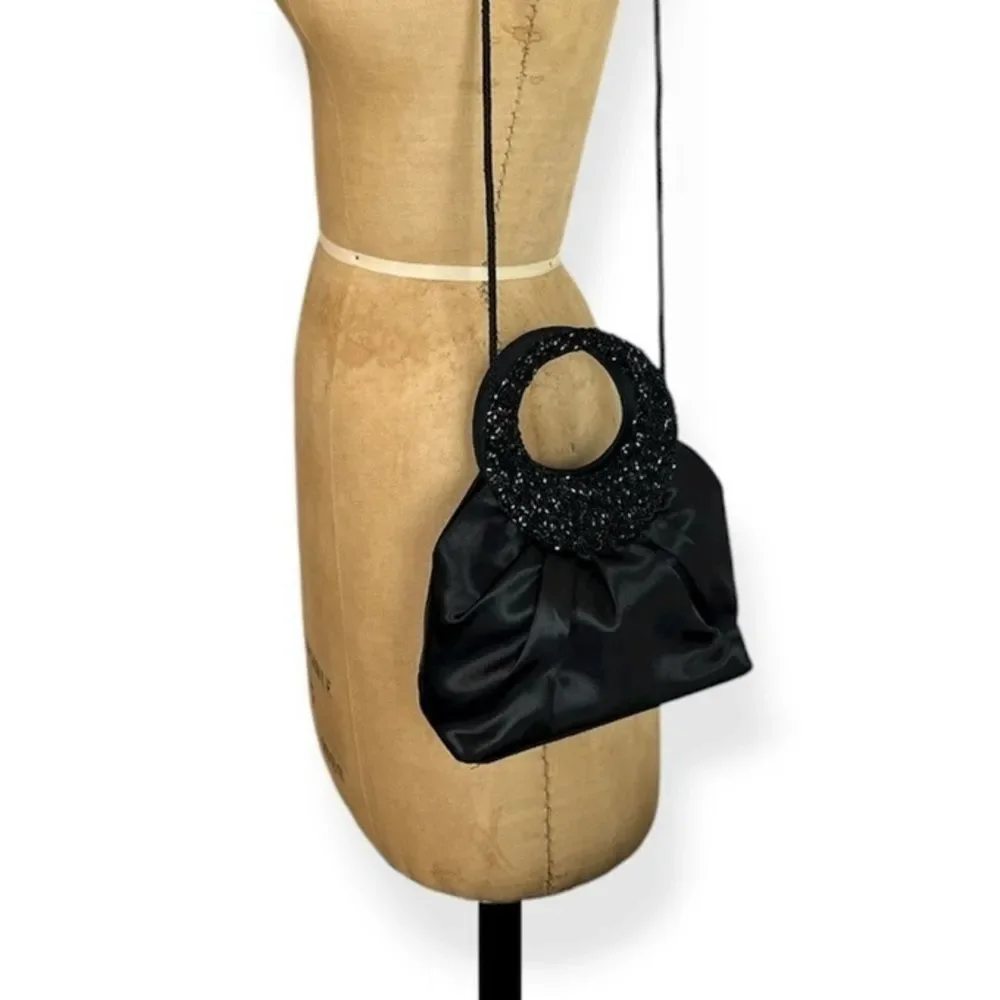 Vintage Jessica McClintock Beaded Black Satin Clutch or Shoulder Bag